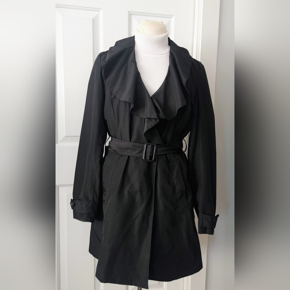 Ispiri Black Women's Trench Coat With Ruffle Front | Size Large